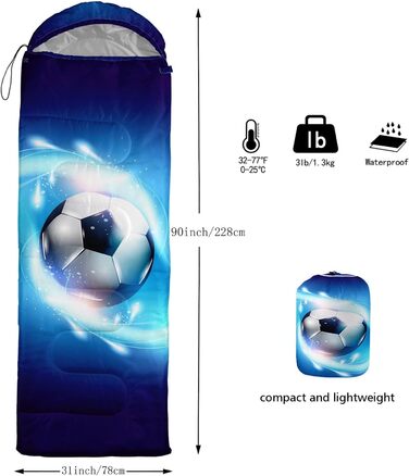 Дитячі спальні мішки HOSIMA для хлопчиків, барвисті на футбольну тему, з принтом, легкі, теплі, портативні, для використання на вулиці та в приміщенні, водонепроникні, холодостійкі, спальний мішок для кемпінгу, походів, футболу 10