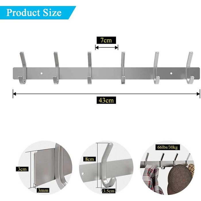Гачок-рейка з нержавіючої сталі гачки для одягу матовий вигляд подвійні гачки до 30 кг вантажопідйомність гачки (срібло, 6 гачків)