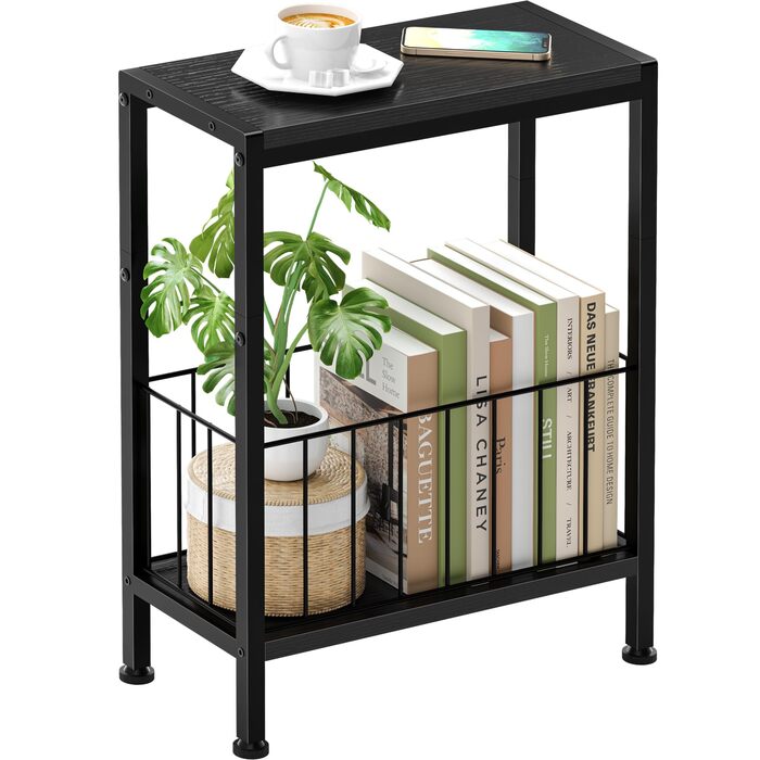 Вузький приставний столик, тонкий приставний столик з полицею для журналів, 2 полиці, вузька тумбочка біля ліжка, маленький журнальний столик для вітальні, спальні, кабінету, 20 x 43 x 58 см (Чорний)
