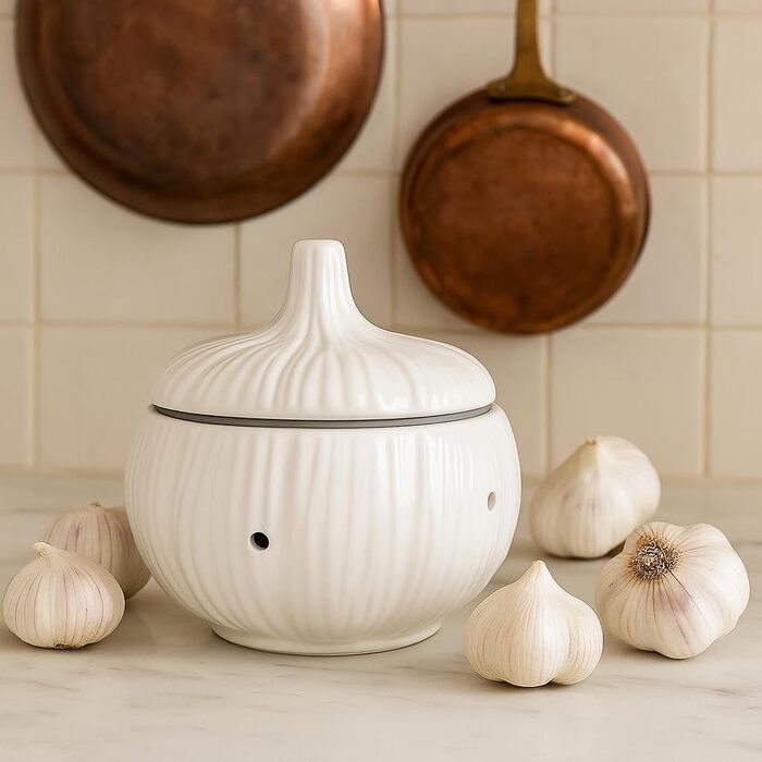 Керамічна банка для часнику з вентиляцією - контейнер для зберігання часнику, цибулі та спецій - контейнер для часнику 13 x 13 x 14 см - сучасне кухонне сховище