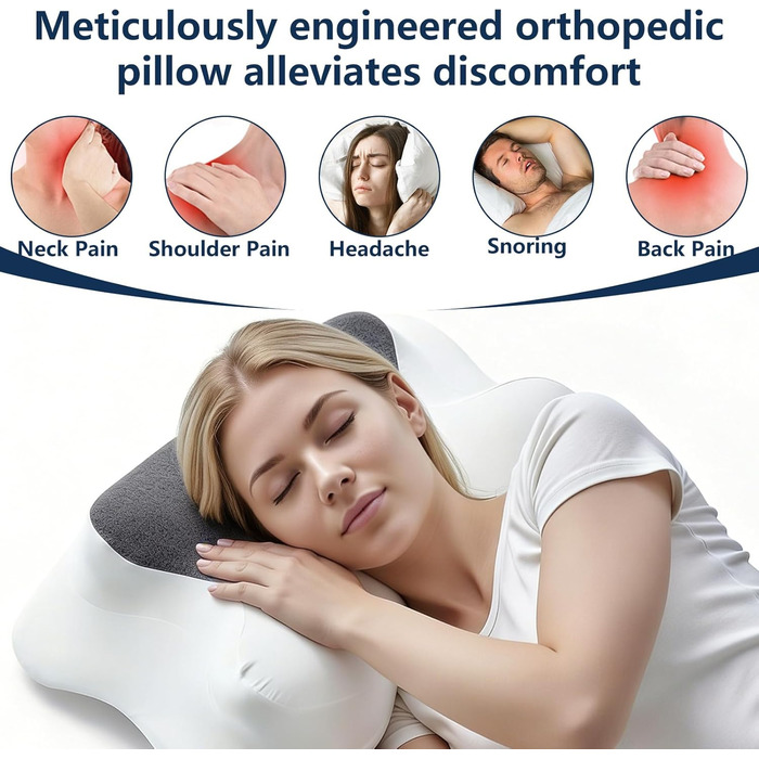 Подушка для шиї з дихаючої піни з ефектом пам&39яті, ергономічна подушка для сну на спині, боці та животі, 63x40x10/12 см, сіро-білий колір
