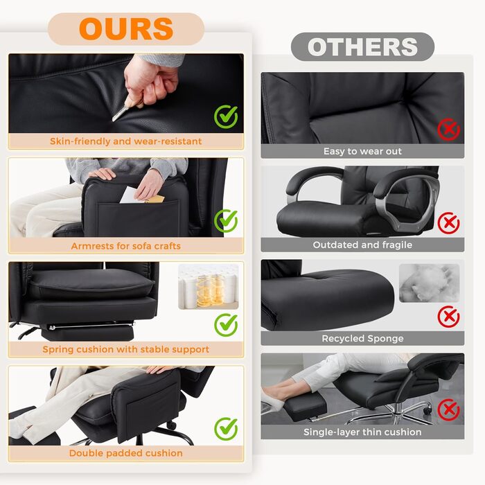 Ергономічне офісне крісло IWMH 227 кг, крісло керівника XXL зі штучної шкіри з підставкою для ніг, письмове крісло з регульованим по висоті підголівником, функція нахилу 135, поворотне крісло для домашнього офісу, ігрове (чорне)