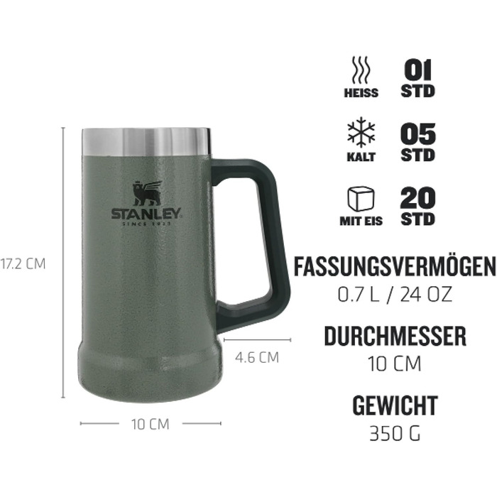 Термокухоль Stanley Adventure Vacuum Stein 709 мл з ручкою зберігає пиво холодним протягом 7 годин - Термокухоль у вінтажному стилі - Можна мити в посудомийній машині - Зелений колір Hammertone