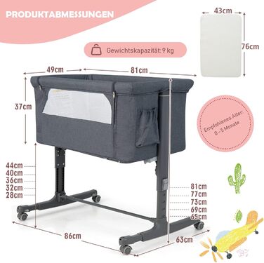 Дитяче ліжечко COSTWAY 3-в-1, дитяча колиска та дорожнє ліжечко, 5-позиційне регульоване по висоті, ліжечко з матрацом, сумка для перенесення, колиска для дітей вагою до 9 кг (темно-сірий) Темно-сірий з бічною кишенею