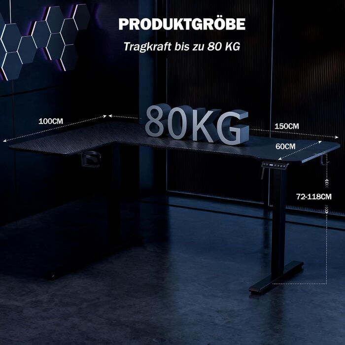 Кутовий стіл, регульована висота, L-подібна, 150 x 100 см, електричне регулювання висоти, ергономічний стіл з підставками для чашок та гачками, стабільний офісний стіл, чорний карбон, чорний карбон L-подібний 59