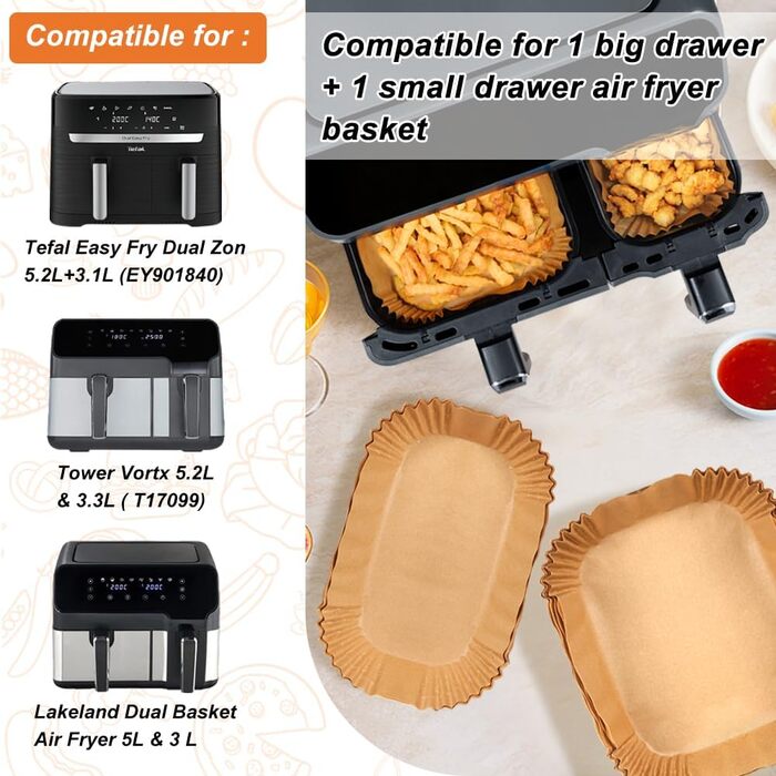 Аксесуари для фритюрниці BYKITCHEN для Tefal 5.2/3.1L Dual Easy Fry, Philips Dual Basket Airfryer 3000 Series, Папір для випічки для фритюрниці Moulinex 8.3 л, Cecotec, DMS, аксесуари для фритюрниці (100 шт. )