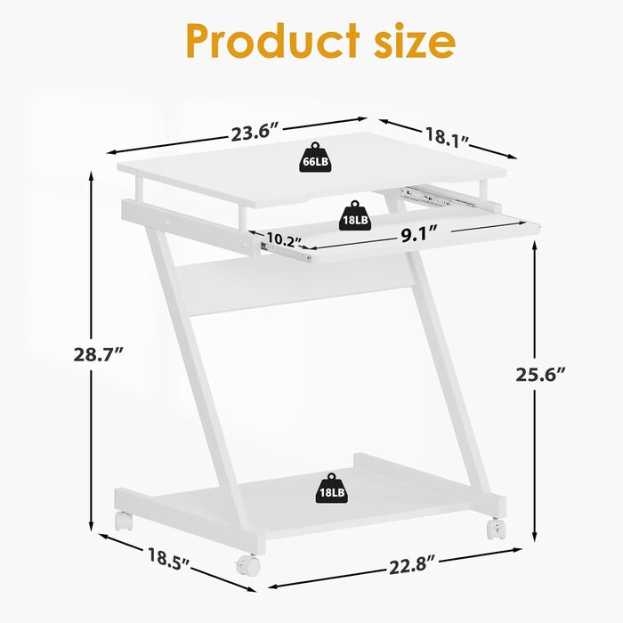 Невеликий комп&39ютерний стіл з 4 колесами (2 з гальмами), Z-подібний комп&39ютерний стіл з підставкою для клавіатури для дому та офісу, 60 x 48 см, білий, 60 x 48 x 73 см