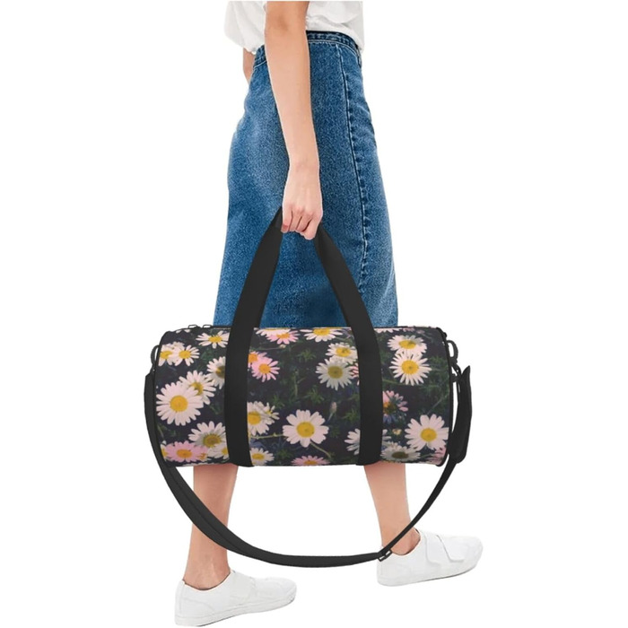 Спортивна сумка, дорожня сумка, стильна сумка для подорожей з квітковим принтом (ромашки), чорна, універсальний розмір
