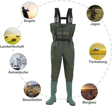 Вейдерси, чоловічі водонепроникні вейдерси, рибальські вейдерси з нейлонового композиту 70D та ПВХ, рибальські вейдерси з чобітьми, вейдерси для чоловіків та жінок для будівельних майданчиків, риболовлі, ферм, садів, розмір L, темно-зелені