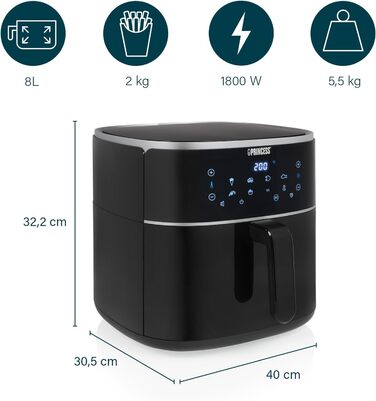 Цифрова фритюрниця Princess Змінна місткість контейнера максимум 8 л 6 попередньо встановлених програм Менше олії Цифровий дисплей 182254 8 літрів