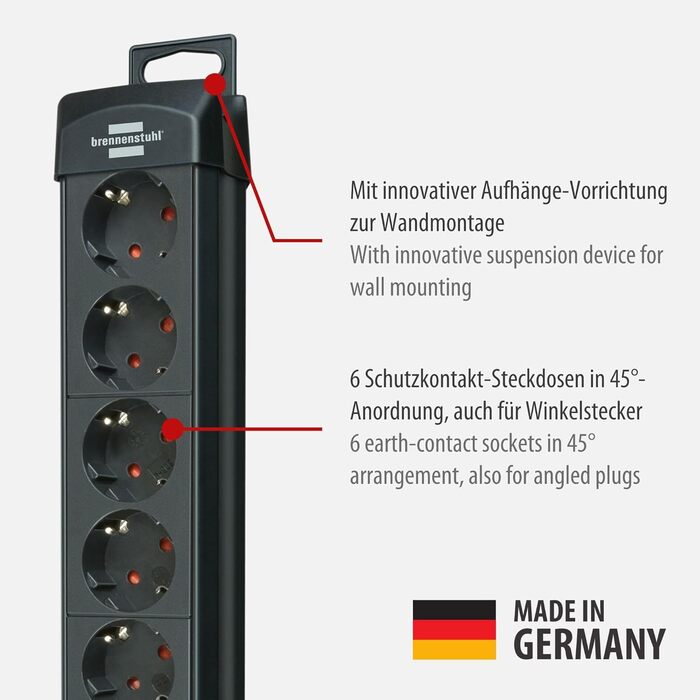 Розетка на 6 розеток (розетка на 6 розеток з вимикачем і кабелем 3 м - кут нахилу захисного контакту розеток 45, зроблено в Німечч