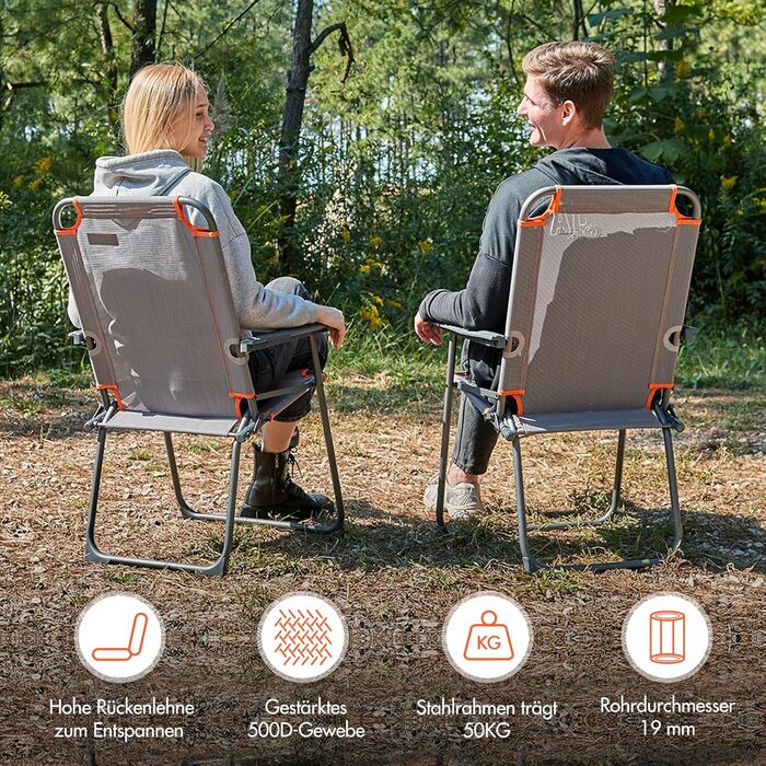 Крісло для кемпінгу Portal, складне, кемпінгове крісло, вантажопідйомність до 100 кг, легке, рибальське крісло, пляжне крісло, складне, висока спинка для садового фестивалю на свіжому повітрі, помаранчеве, сіре, сіро-помаранчеве