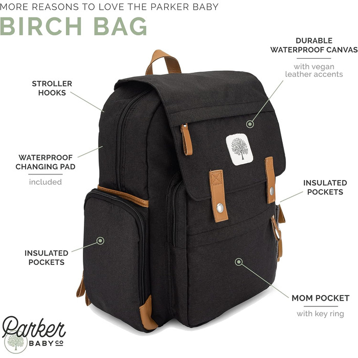 Пеленальний рюкзак Parker - велика пеленальна сумка з ізольованими кишенями, ременями для коляски та пеленальним килимком - 'Birch