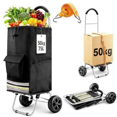 Складний візок для покупок, 75 л, 2-в-1, з 2 колесами, з рамою з нержавіючої сталі та знімною водонепроникною сумкою з брезенту (чорний)