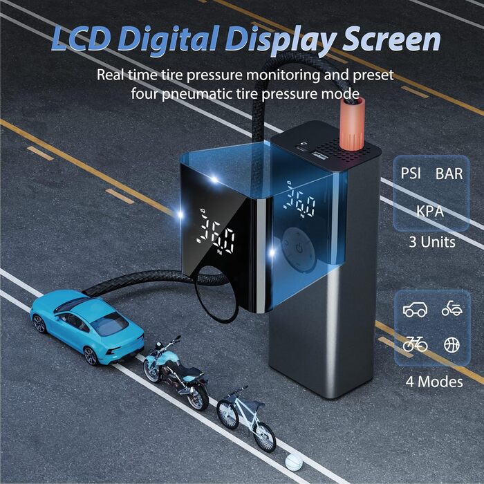 Портативний електронний повітряний насос ZORUMAN 6000mAh, велосипедний насос 150PSI електричний, акумуляторний компресор, акумулят