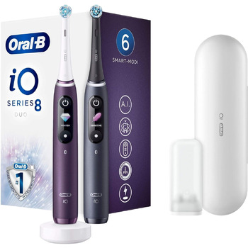 Електрична зубна щітка Oral-B iO 8 Double Pack з революційною магнітною технологією та мікровібраціями, 6 програмами чищення, кольоровим дисплеєм та дорожнім кейсом, чорний онікс/фіолетовий аметрін