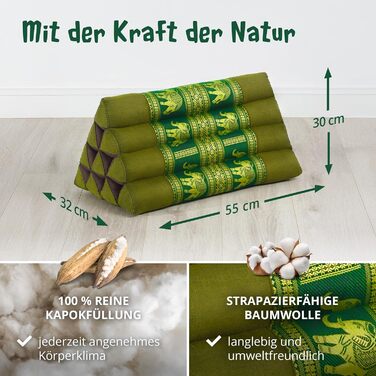 Подушка для спини livasia з тайського шовку - 32x55x30 см - трикутна подушка для саду та балкону, клиноподібна подушка з капоком, ручної роботи, подушка для медитації (зелений/слоновий шовк)