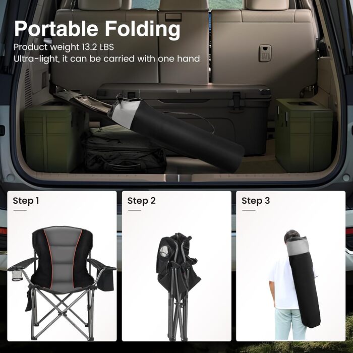 Складаний кемпінговий стілець HIGH POINT SPORTS, вантажопідйомність 200 кг, м&39який складний стілець з підсклянниками, складний рибальський стілець XXL з підлокітниками, вуличний стілець, чорний