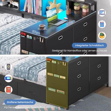 М&39яке ліжко, диван-ліжко, дитяче ліжко 90x200 см з комодом з 6 шухлядами та вбудованим письмовим столом, кушетка зі світлодіодним освітленням та зарядною станцією, ліжко 90x200 см з м&39яким узголів&39ям, чорного кольору.