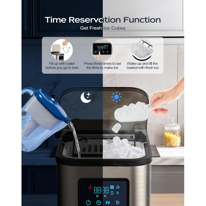 Машина для льоду з нержавіючої сталі KeeGone зі світлодіодним дисплеєм, льодогенератор Льодогенератор і функція очищення, резервуар для води на 2 л, включаючи лопату для льоду та кошик, 2 розміри кубиків льоду для кухні, офісу, бару та вечірки
