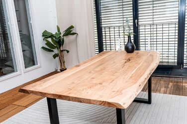 Стіл з натуральним краєм 140x80 см Товщина стільниці 3,6 см Обідній стіл з масиву акації з U-подібною основою, справжнім натуральним краєм, натурального кольору Ручна робота та міцний Доставка до потрібного вам місця включена. Коричневий 140 x 80 см (з U-