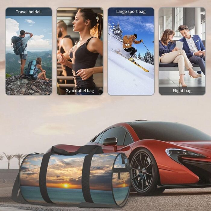 Спортивна сумка для подорожей, пляжна сумка з принтом Захід сонця, сумка на нічліг, чорна, універсальний розмір