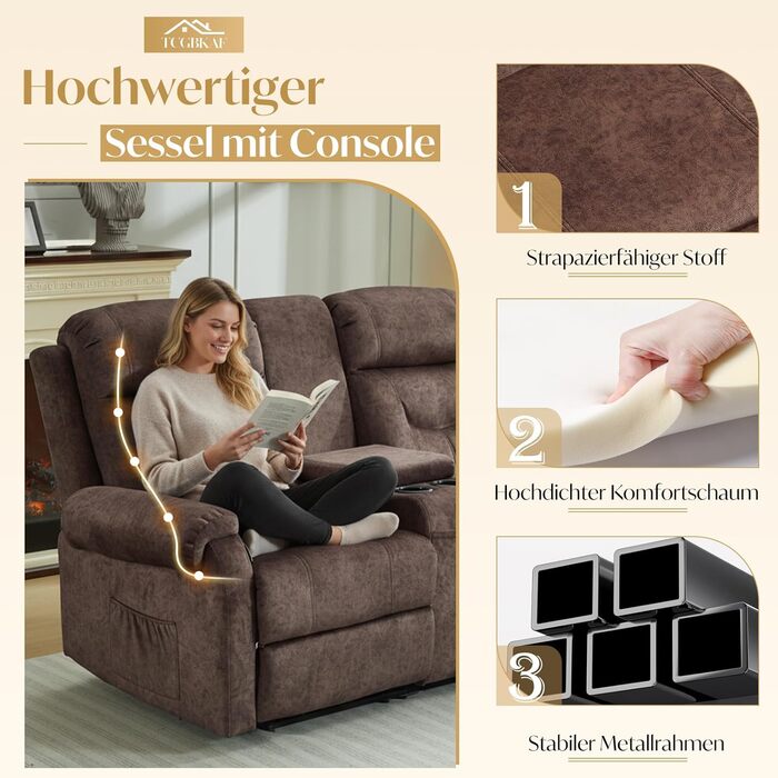 Крісло для кінотеатру, 2-місний диван з консоллю, двомісне крісло для телевізора, крісло-реклайнер з функцією відкидання, 2-місне крісло для кінотеатру, крісло-реклайнер, регульоване, 2-місний диван, крісло для телевізора, вітальня з підсклянником, коричн