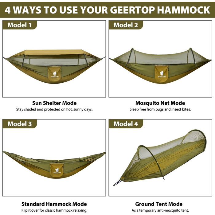 Оновлений гамак для вулиці 3-в-1 з москітною сіткою та сонцезахисним навісом, надлегкий кемпінговий гамак з вантажопідйомністю 200 кг для використання на свіжому повітрі, кемпінгу, походів, зелений