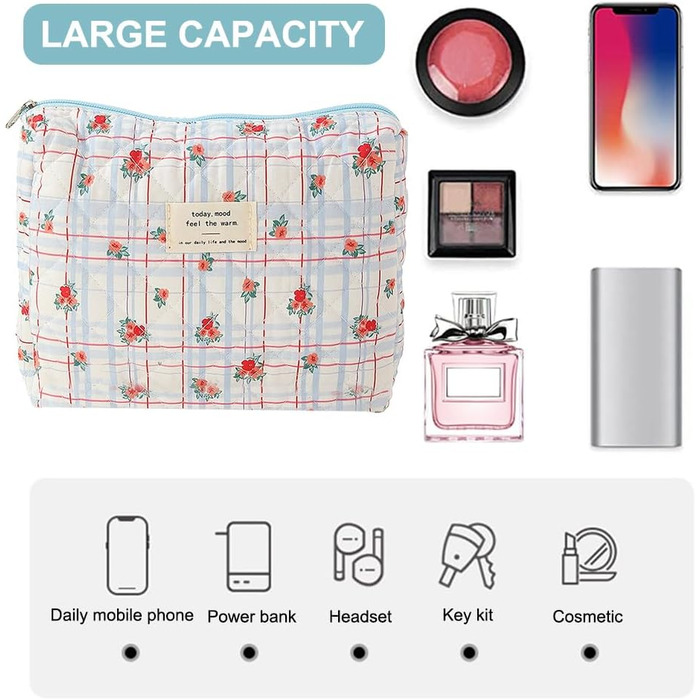 Набір стьобаних бавовняних косметичок Fiorky з 3 частин з квітковим візерунком, велика місткість, застібка-блискавка, набір бавовн