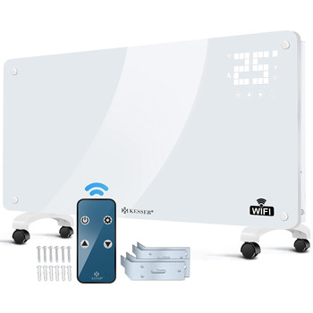 Скляний конвекторний обігрівач KESSER, електричний радіатор із застосунком, функцією Wi-Fi та пультом дистанційного керування Окремостоячий або настінний Сенсорний екран РК-дисплей Таймер 2500 Вт Білий