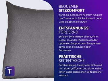 Затишна подушка для спини Traumnacht, подушка для читання, 70 x 40 см темно-сірого кольору, знімна, чохол, який можна прати, виготовлений зі 100 поліестеру, практична бічна кишеня, сертифікована Oeko-Tex, виготовлена за німецькими стандартами якості. Темн