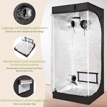 Гроубокс для вирощування рослин 90 x 90 x 180 см світлонепроникний з 5 входами з водонепроникним піддоном легкий у збиранні для вирощування в приміщенні