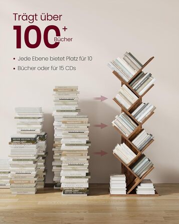 Книжкова полиця VASAGLE у формі дерева, 9-ярусна окремостояча полиця, компактна кутова полиця, полиця для зберігання речей у спальні, вітальні, домашньому офісі, вінтажний коричневий колір LBC11BX 9 ярусів (25 Г x 50 Ш x 141,5 В см) вінтажний коричневий к