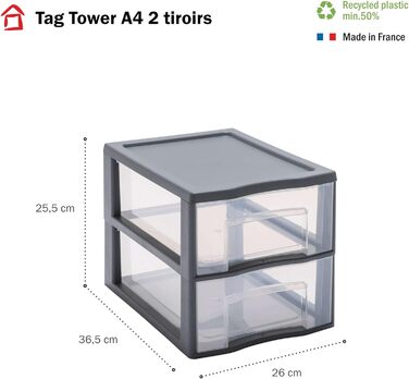 Пластикова коробка з шухлядами, сіра, 2 прозорі шухляди для паперу А4, висота 25,5 см, штабелюються, ідеально підходить для столу, класу, документів, аксесуарів А4 / 2 шухляди