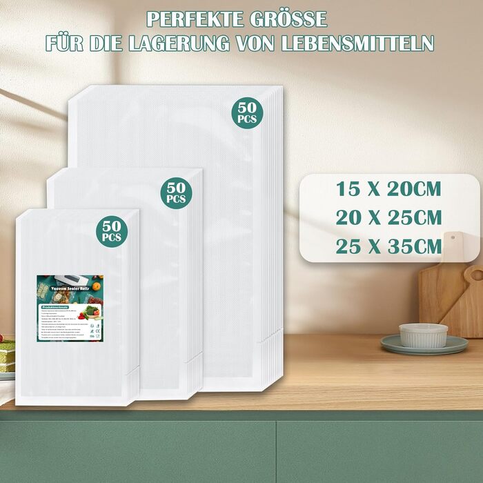 Вакуумні пакувальні пакети Warmfay 150 пакетів 15x20 см (50) і 20x25 см (50) і 25x35 см (50), вакуумні пакети для їжі для всіх вакуумних пакувальників, без BPA, пакети для заморожування Sous Vide, багаторазові професійні пакети з фольги 150 мішків 15x20 с
