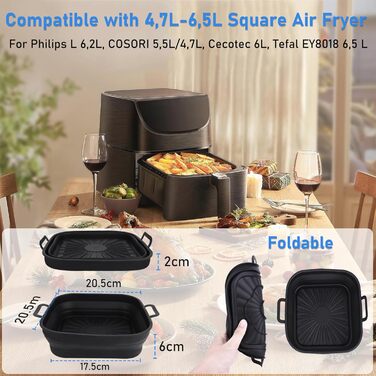 Набір аксесуарів для фритюрниці, аксесуари для фритюрниці з силіконовою формою 2 шт. XXL Силіконова форма для випічки Philips 6.2 л, COSORI 5.5 л/4.7 л, Cecotec 6 л зі щіткою для олії, кухонними щипцями та 2 силіконовими рукавичками