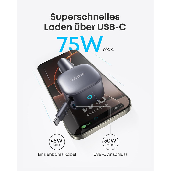 Автомобільний зарядний пристрій Anker USB-C, максимальна потужність 75 Вт. Ультракомпактний автомобільний швидкий зарядний пристрі