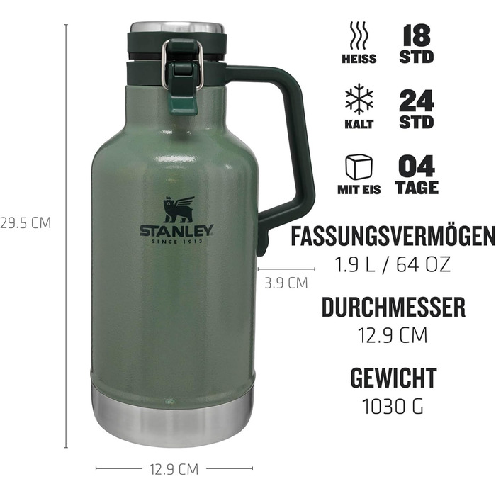 Термос Stanley Classic Easy-Pour Growler 1,9 літра - Зберігає пиво холодним та свіжим протягом 24 годин - Термос з нержавіючої сталі - Герметичний - Можна мити в посудомийній машині - Зелений колір Hammertone