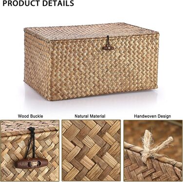 Плетений кошик для зберігання з морської трави з кришкою, натуральний плетений коричневий кошик-поличка з пряжкою для організації іграшок, одягу, фруктів для гардеробу, вітальня, 40 x 28 x 19 см, кавово-коричневий