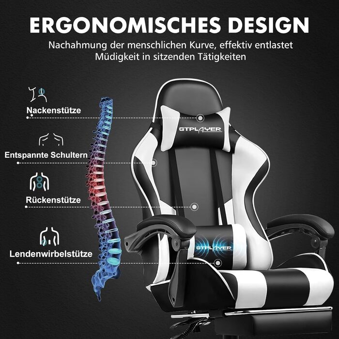 Ігрове крісло GTPLAYER, офісне крісло, масажне ігрове крісло, ергономічне ігрове крісло з підставкою для ніг, підголівником, масажною подушкою для попереку, м&39яке ігрове крісло, обертове крісло, біле, біла штучна шкіра