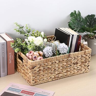 Плетений кошик для зберігання з водяного гіацинта з ручкою, плетений кошик з натуральними полицями, водонепроникний, для зберігання одягу, постільної білизни, фруктів, пива, іграшок, паперів, живих товарів (XL) 40,5x30,5x15 см