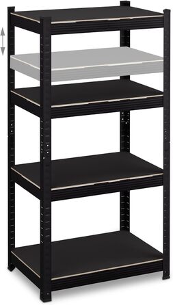 Міцний стелаж Relaxdays, ВxШxГ 120x60x40 см, 4 полиці, сталь, чорний 1000 кг, полиця для зберігання в підвалі, гаражі, підключається до розетки