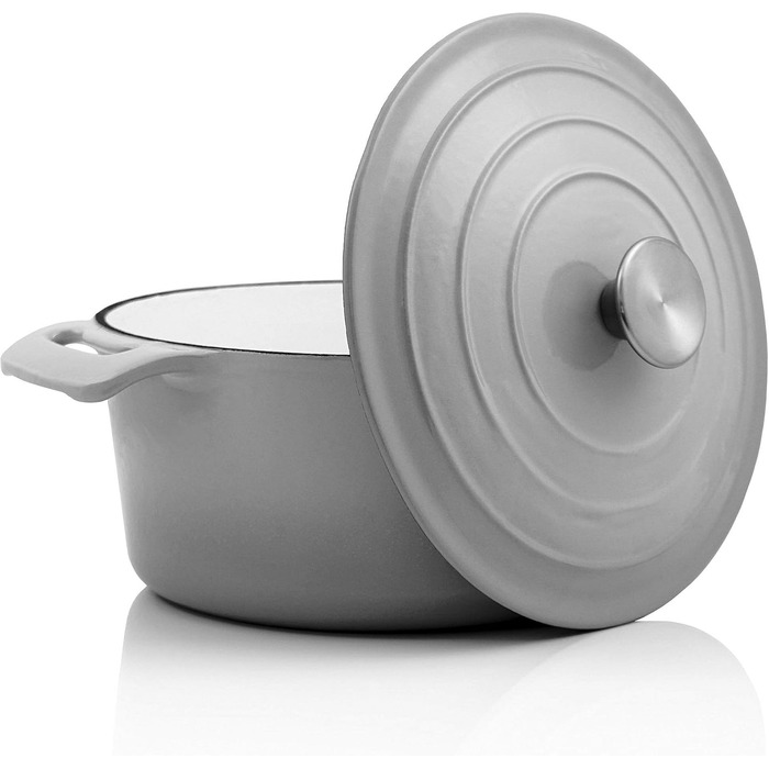 Л, Ø 24 см Чавунна емальована сковорода з кришкою Підходить для індукційних печей, підходить для духовки сірий каструля, горщик дл