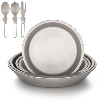 Набір кемпінгових тарілок 8-в-1 з 5 титановими каструлями та складною виделкою, ложкою, легким посудом, столовими приборами для барбекю, кухні, походів, пікніка