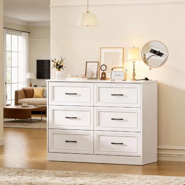 Комод з розетками, комод з 6 шухлядами, 2 USB та 2 розетки змінного струму, дерев&39яний комод, для спальні, вітальні, коридору, 106 x 81,5 x 39 см, білий