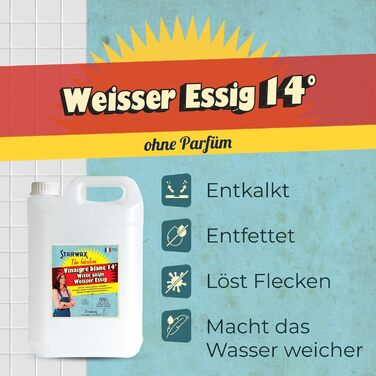 Білий домашній оцет 14 - Видаляє вапняний наліт, жир і плями, пом'якшує воду - Без ароматизаторів - 100 інгредієнти натурального походження - 5 літрів