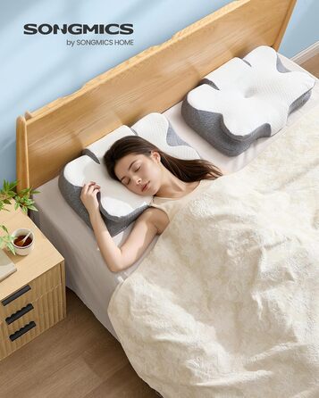 Подушка SONGMICS, ергономічна подушка, подушка для шиї, регульована по висоті, подушка для сну, подушка з піни з ефектом пам&39яті, для сну на боці, спині та животі, хмарно-білий-голубино-сірий TBP051GZ02