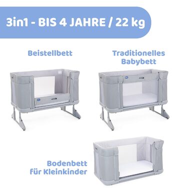 Дитяче ліжечко 3-в-1 для новонароджених, приліжкове ліжечко, яке трансформується в ліжко Монтессорі, до 4 років (22 кг), регульована висота, хороша циркуляція повітря, 4 колеса, включаючи матрац, світло-сірий колір, 2Me Forever
