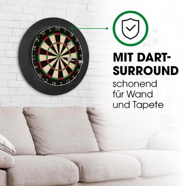 Мішень для дротиків Повний набір дротиків з 6 дротиками та додатковим підсвічуванням дротиків Сталеві дротики, включаючи льотки Сизалеві дротики із захисним кільцем Мішень для дротиків виготовлена з самозакриваючихся сизалевих волокон 1) Мішень для дротик