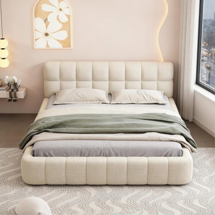 М&39яке ліжко 140x200 см Ліжко-бульбашка, двоспальне ліжко з м&39яким узголів&39ям, дитяче ліжко, каркас ліжка з рейковою основою, лляне, без матраца (Бежевий, 140 x 200 см) Бежевий-b 140 x 200 см